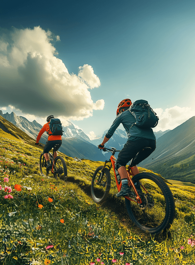 Zwei Mountainbiker fahren bei Sonnenschein durch eine Berglandschaft. Text im Bild: Jede Fahrt eine neue Erinnerung. Zusatztext: Schaffen Sie unvergessliche Momente mit unseren Frühjahrs‑Angeboten.